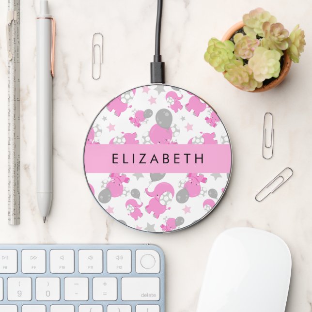 Pattern Of Pink Elephants, Stars, Your Name Wireless Charger (Desk)