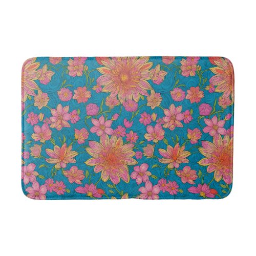 Pattern of pink Flowers on blue Background Bath Mat