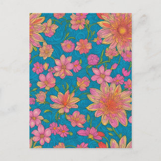 Pattern of pink Flowers on blue Background Postcard