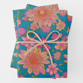 Pattern of pink Flowers on blue Background Wrapping Paper Sheets