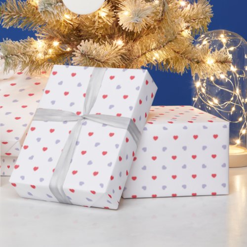 Pattern Of Red And Blue Hearts On White Wrapping Paper
