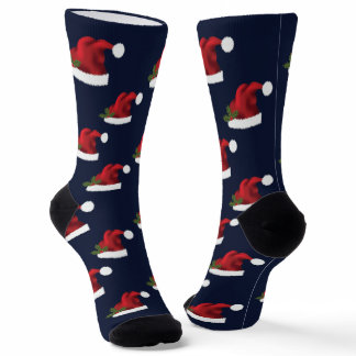 Pattern Of Red Festive Santa Hats On Blue Socks