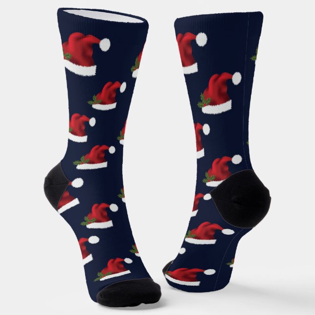 Pattern Of Red Festive Santa Hats On Blue Socks (Angled)