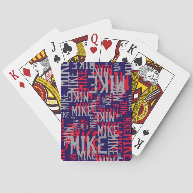 pattern of red/gray names on dark blue poker cards (Back)