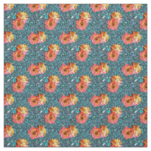 Pattern Of Rose Flowers Against Mosaic Background Fabric