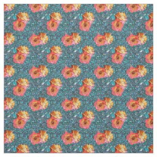 Pattern Of Rose Flowers Against Mosaic Background Fabric