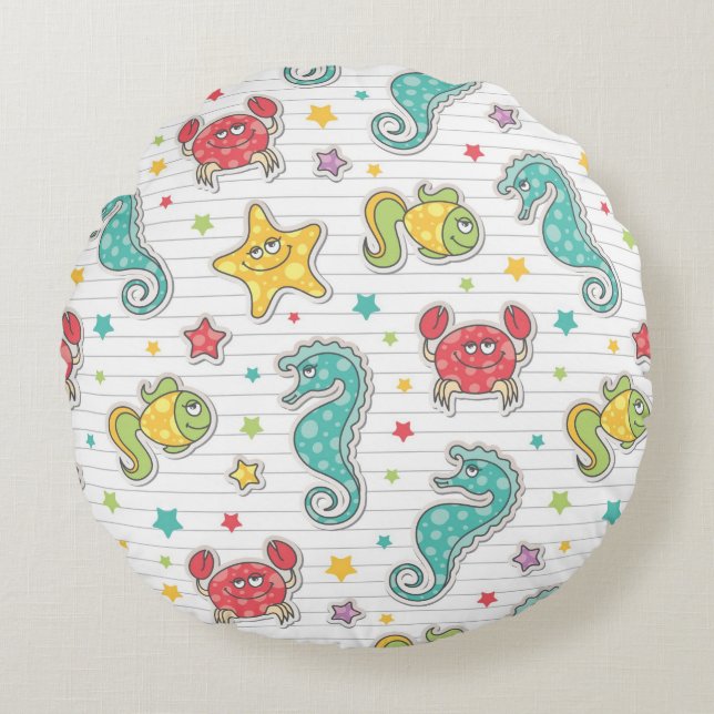 pattern of sea creatures round pillow (Front)
