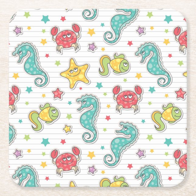 pattern of sea creatures square paper coaster (Front)