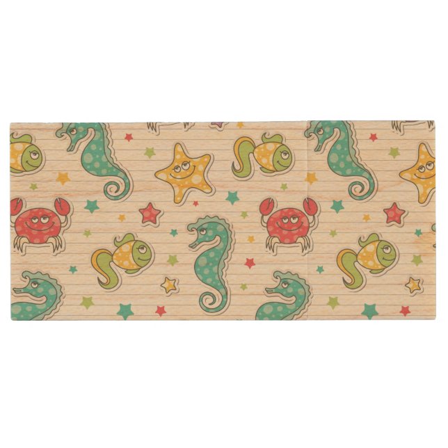 pattern of sea creatures wood flash drive (Front)