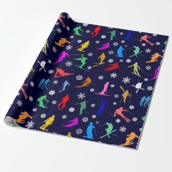 Pattern Of Skiers. Colorful Silhouettes On Dark Wrapping Paper by DigitalSolutions2u at Zazzle