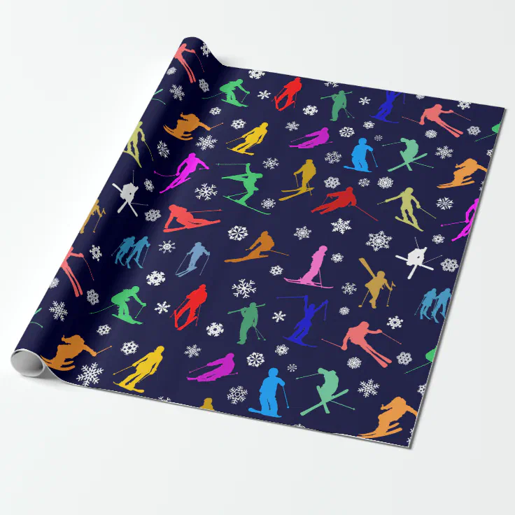Pattern Of Skiers. Colorful Silhouettes On Dark Wrapping Paper | Zazzle