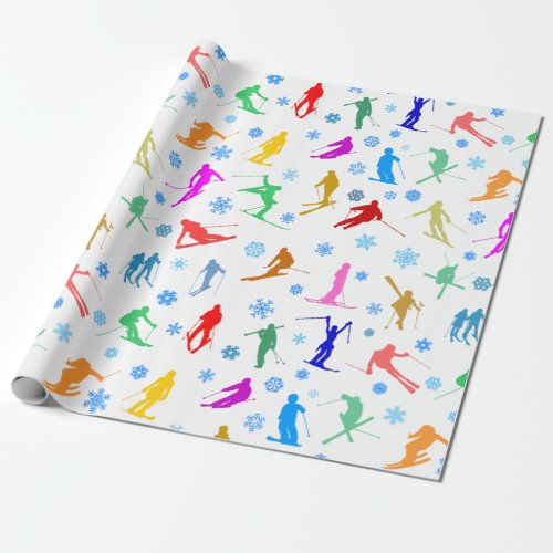 Pattern Of Skiers Colorful Silhouettes On White Wrapping Paper