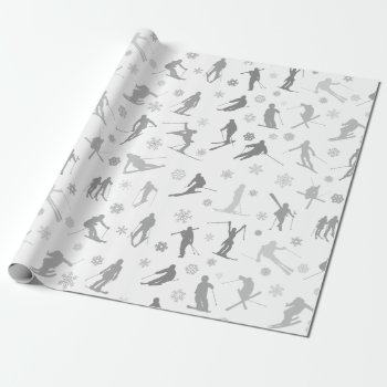 Pattern Of Skiers. Gray Silhouettes On White Wrapping Paper by DigitalSolutions2u at Zazzle