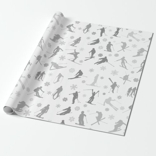Pattern Of Skiers Gray Silhouettes On White Wrapping Paper