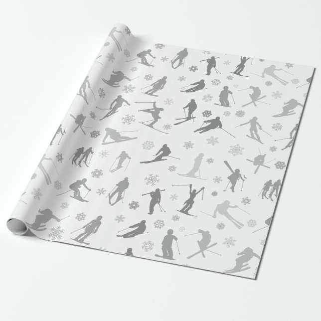 Pattern Of Skiers. Gray Silhouettes On White Wrapping Paper (Unrolled)