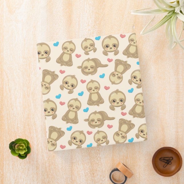 Pattern Of Sloths, Cute Sloths, Hearts 3 Ring Binder (In Situ)