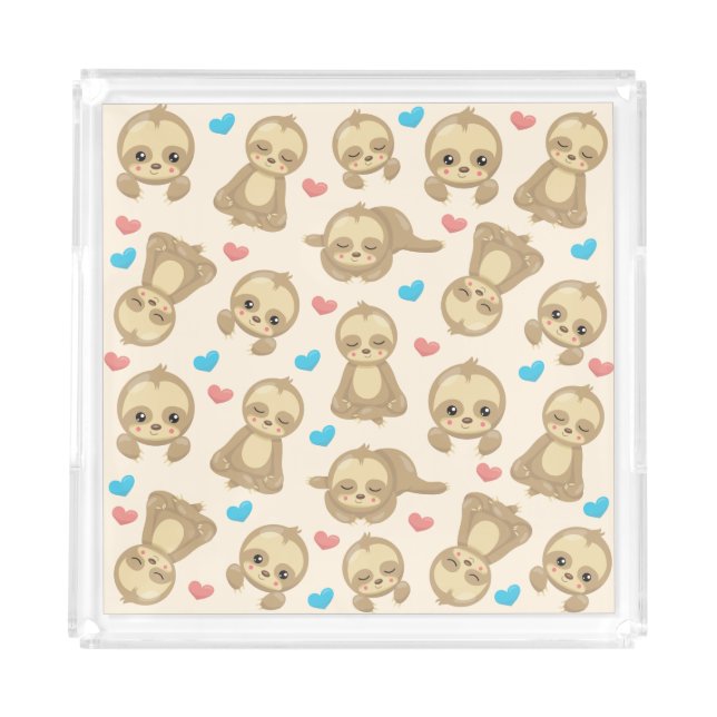 Pattern Of Sloths, Cute Sloths, Hearts Acrylic Tray (Front)