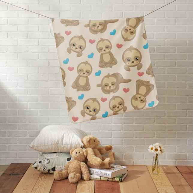 Pattern Of Sloths, Cute Sloths, Hearts Baby Blanket (In Situ)