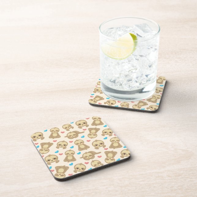 Pattern Of Sloths, Cute Sloths, Hearts Beverage Coaster (Right Side)