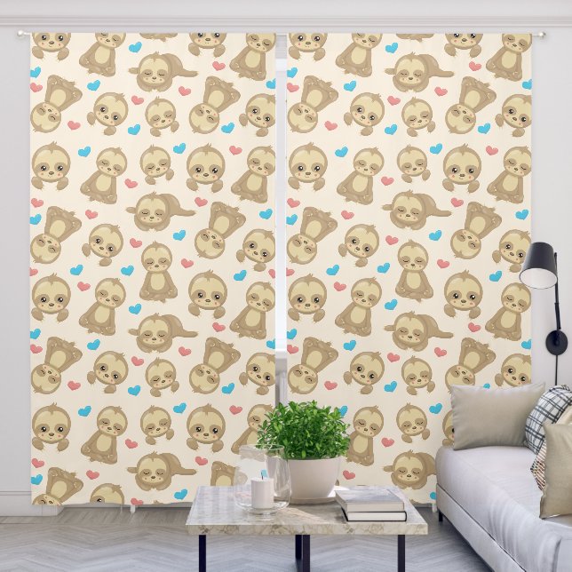 Pattern Of Sloths, Cute Sloths, Hearts Blackout Curtains (Living Room)
