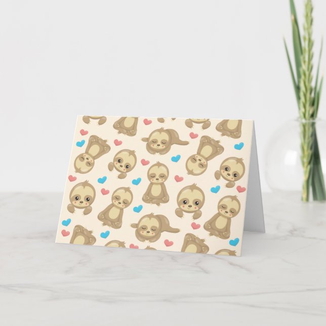 Pattern Of Sloths, Cute Sloths, Hearts Card (Front)