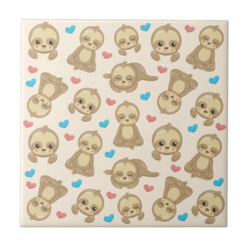 Pattern Of Sloths Cute Sloths Hearts Ceramic Tile