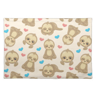 Pattern Of Sloths, Cute Sloths, Hearts Cloth Placemat
