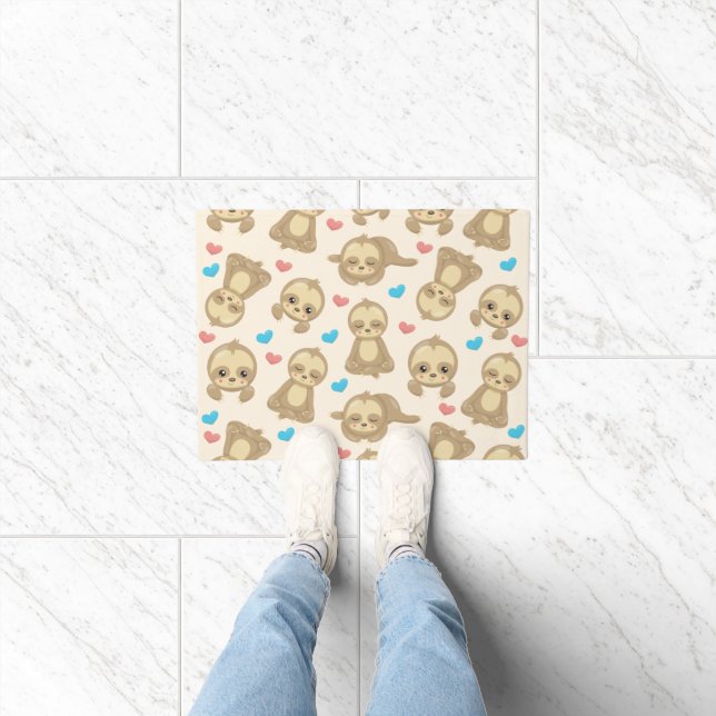 Pattern Of Sloths, Cute Sloths, Hearts Doormat (Indoor)