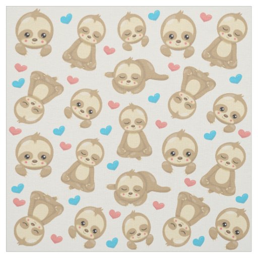 Pattern Of Sloths, Cute Sloths, Hearts Fabric