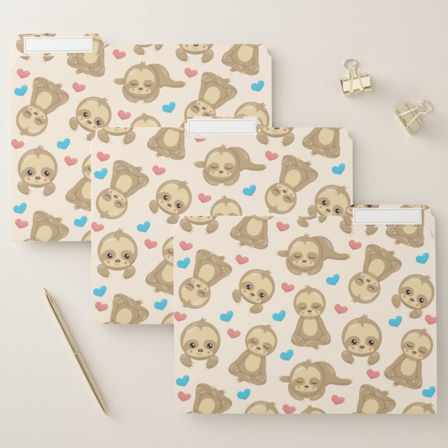 Pattern Of Sloths, Cute Sloths, Hearts File Folder (Set)