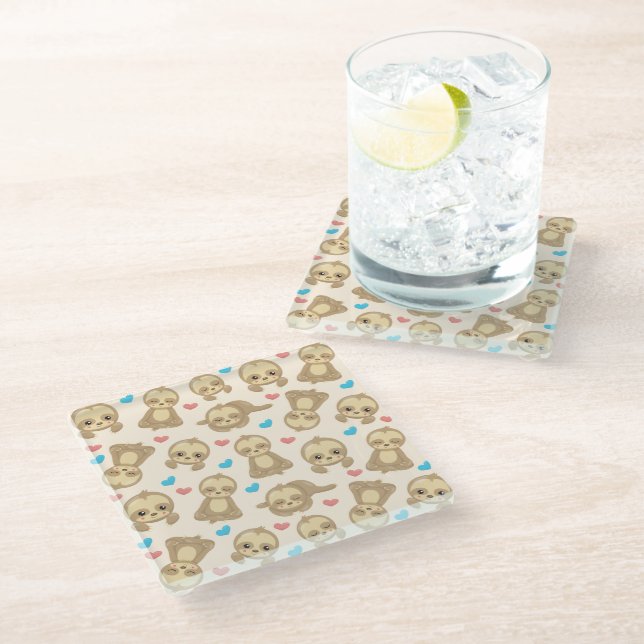 Pattern Of Sloths, Cute Sloths, Hearts Glass Coaster (Angled)