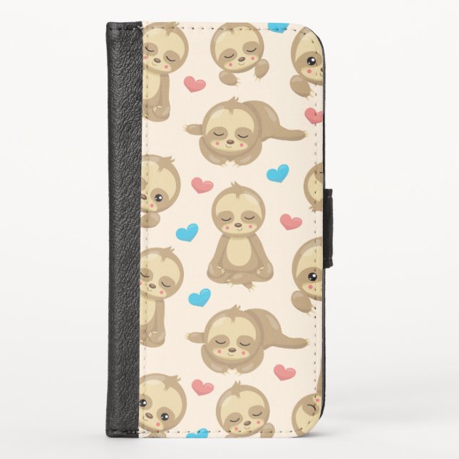 Pattern Of Sloths, Cute Sloths, Hearts iPhone Wallet Case (Front)