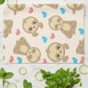 Pattern Of Sloths, Cute Sloths, Hearts Kitchen Towel