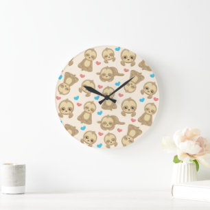Pattern Of Sloths, Cute Sloths, Hearts Large Clock