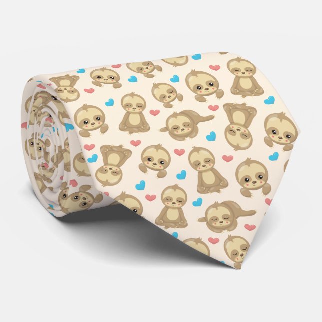 Pattern Of Sloths, Cute Sloths, Hearts Neck Tie (Rolled)