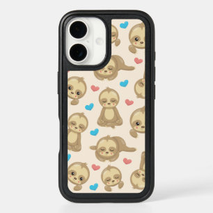 Pattern Of Sloths, Cute Sloths, Hearts iPhone 16 Case