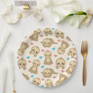 Pattern Of Sloths, Cute Sloths, Hearts Paper Plates