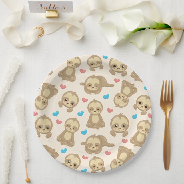 Pattern Of Sloths, Cute Sloths, Hearts Paper Plates (Wedding)