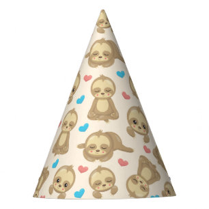 Pattern Of Sloths, Cute Sloths, Hearts Party Hat