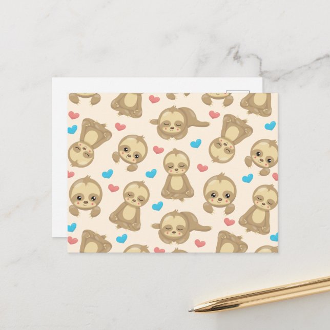 Pattern Of Sloths, Cute Sloths, Hearts Postcard (Front/Back In Situ)