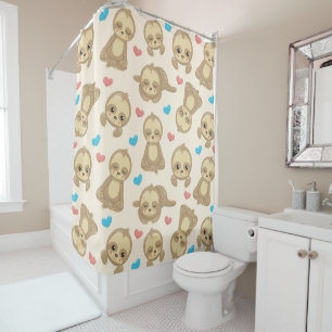 Pattern Of Sloths, Cute Sloths, Hearts Shower Curtain