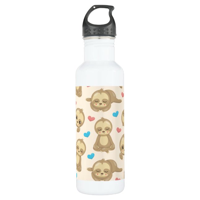 Pattern Of Sloths, Cute Sloths, Hearts Stainless Steel Water Bottle (Front)