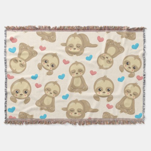 Pattern Of Sloths Cute Sloths Hearts Throw Blanket