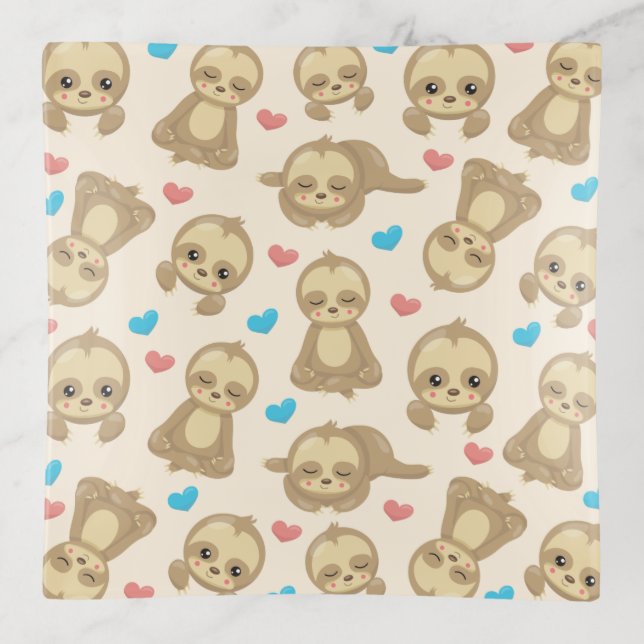 Pattern Of Sloths, Cute Sloths, Hearts Trinket Tray (Front)