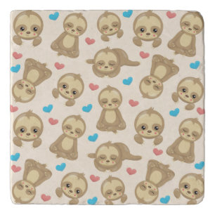 Pattern Of Sloths, Cute Sloths, Hearts Trivet