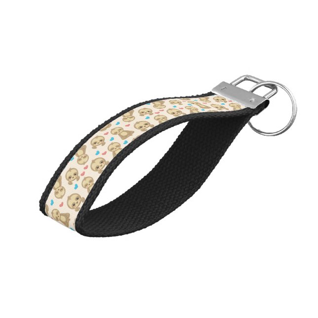 Pattern Of Sloths, Cute Sloths, Hearts Wrist Keychain (Angled Up)