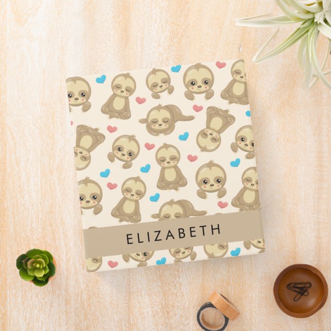 Pattern Of Sloths, Cute Sloths, Hearts, Your Name 3 Ring Binder (In Situ)