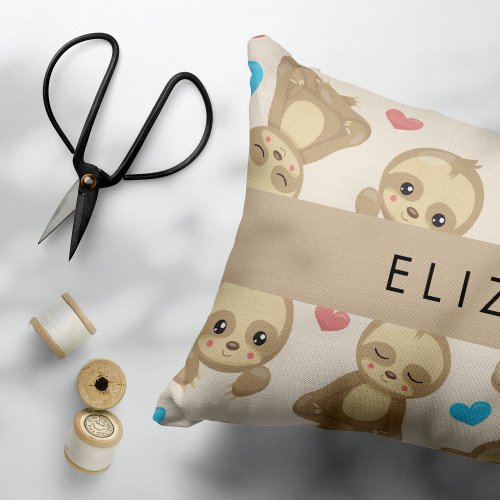 Pattern Of Sloths Cute Sloths Hearts Your Name Accent Pillow