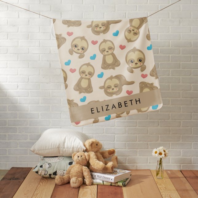 Pattern Of Sloths, Cute Sloths, Hearts, Your Name Baby Blanket (In Situ)