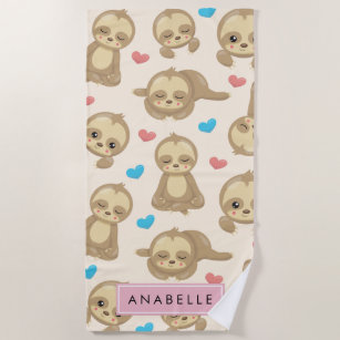 Pattern Of Sloths, Cute Sloths, Hearts, Your Name Beach Towel